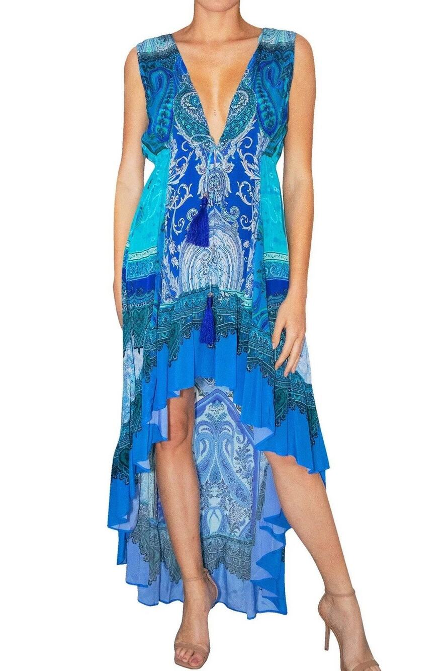 Shahida Parides Blue Paisley Viscose Silk Resort Rhinestone High Low Dress S/M